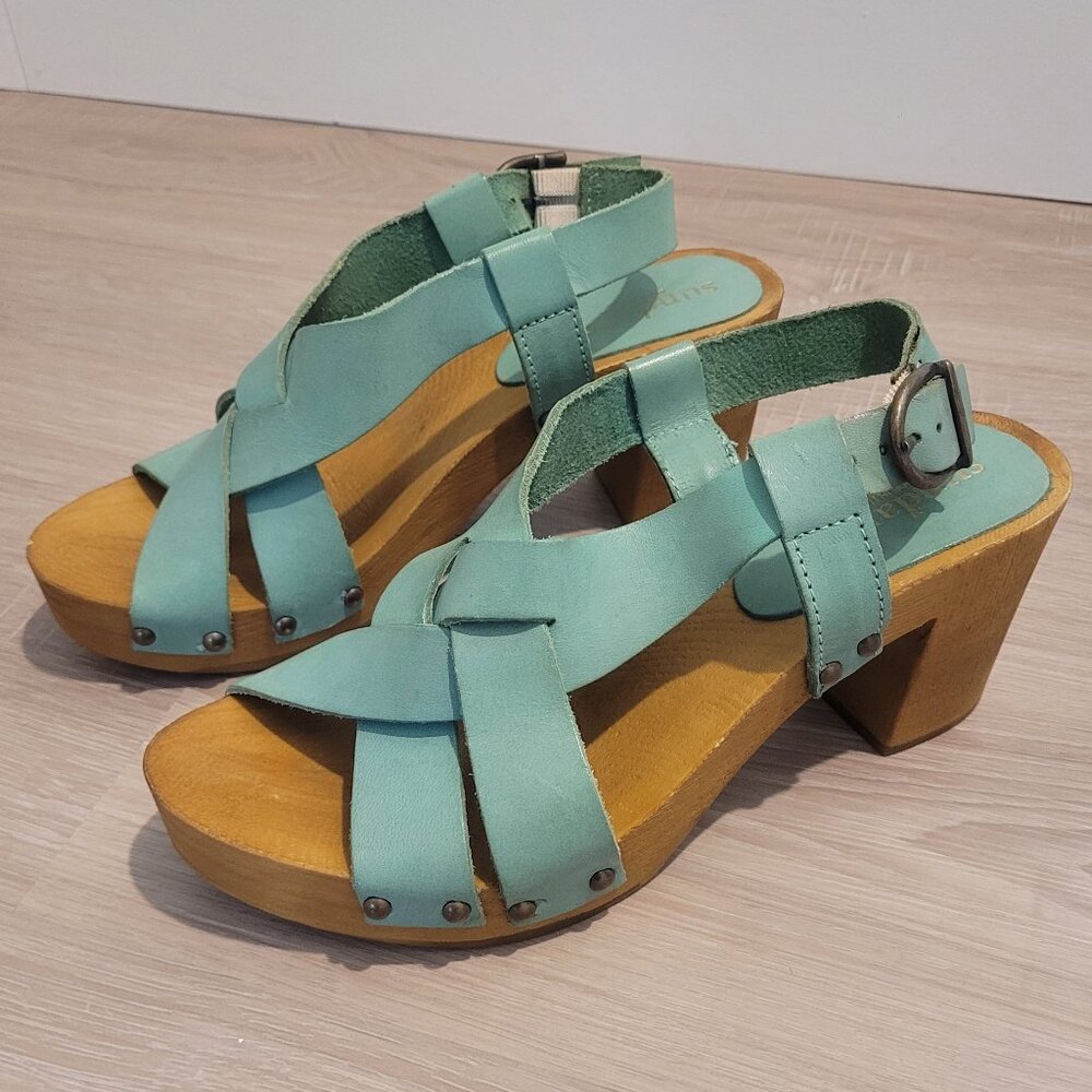 Sundance Boho Denira Italian Leather Wooden Platform Sandals Mint Green Size 7.5